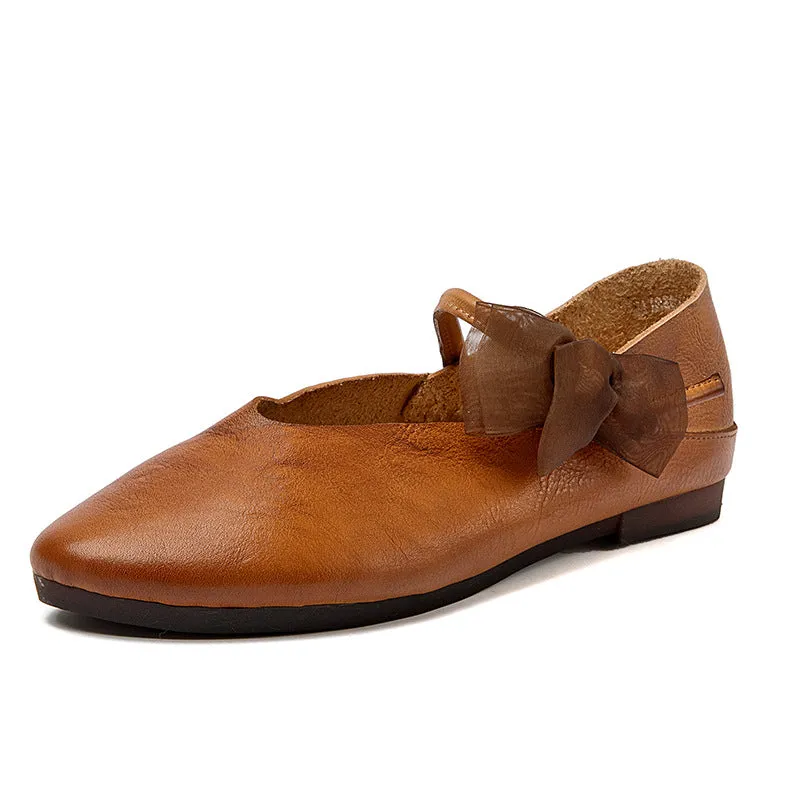 Almond Toe Bow Leather Ballet Flats