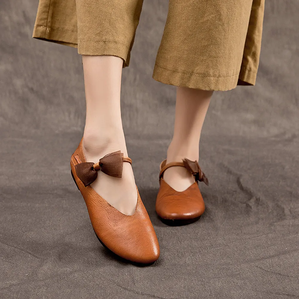 Almond Toe Bow Leather Ballet Flats