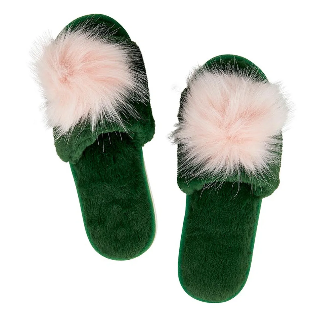 BEL Plush Slippers in Green with Pink Pom