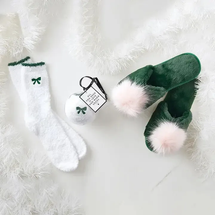 BEL Plush Slippers in Green with Pink Pom