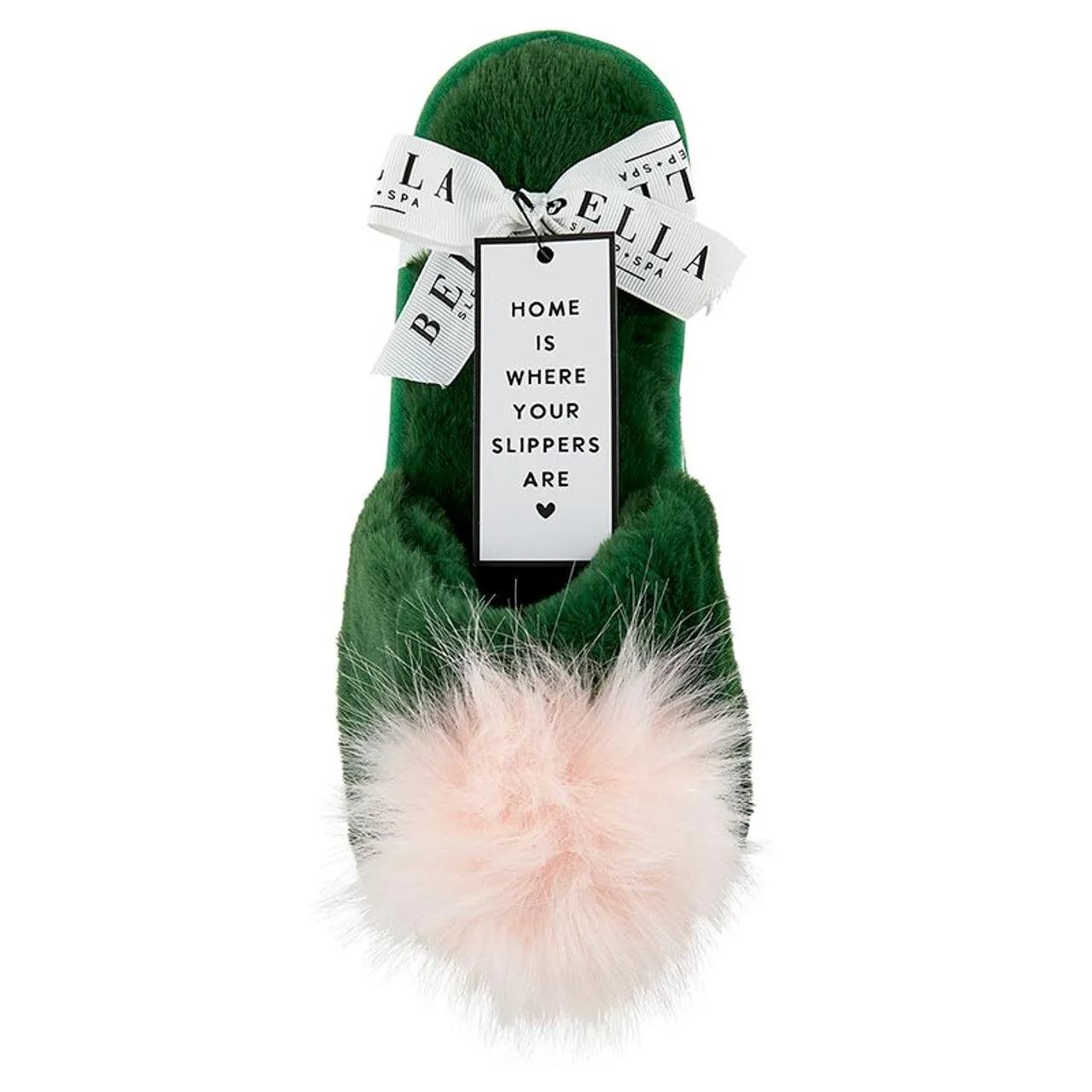 BEL Plush Slippers in Green with Pink Pom