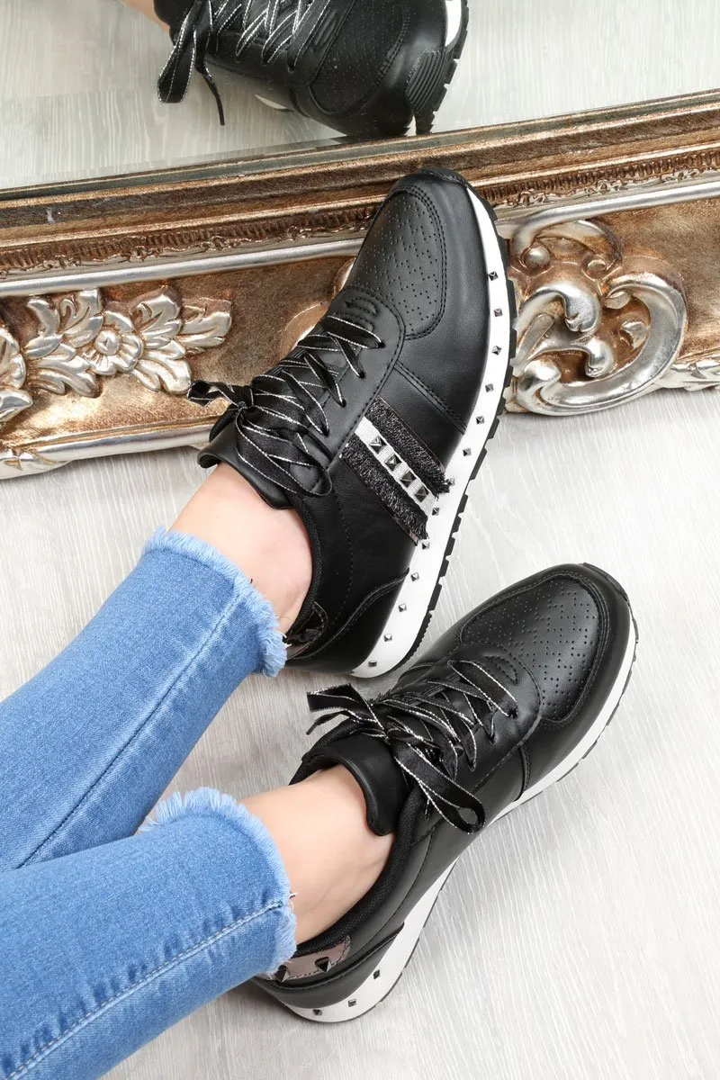 Black Studded Ribbon Lace Up Trainers - Mckynley