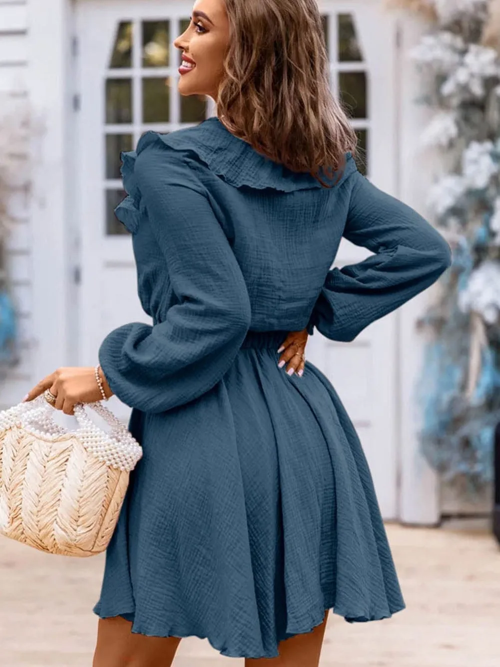 Blue Ruffle Trim V-Neck Cotton Mini Dress with High Waist