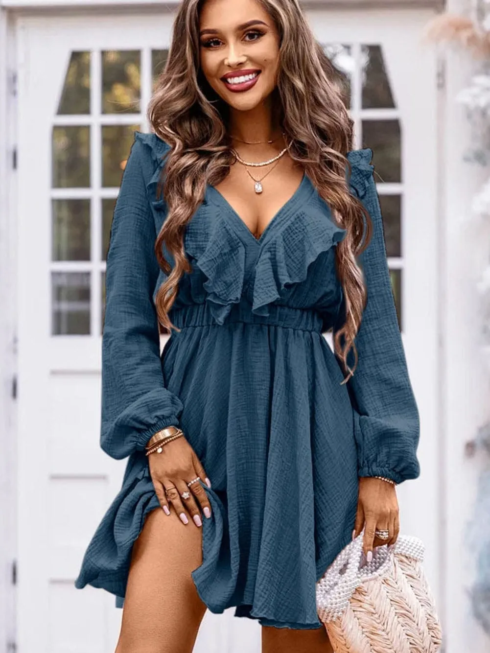 Blue Ruffle Trim V-Neck Cotton Mini Dress with High Waist