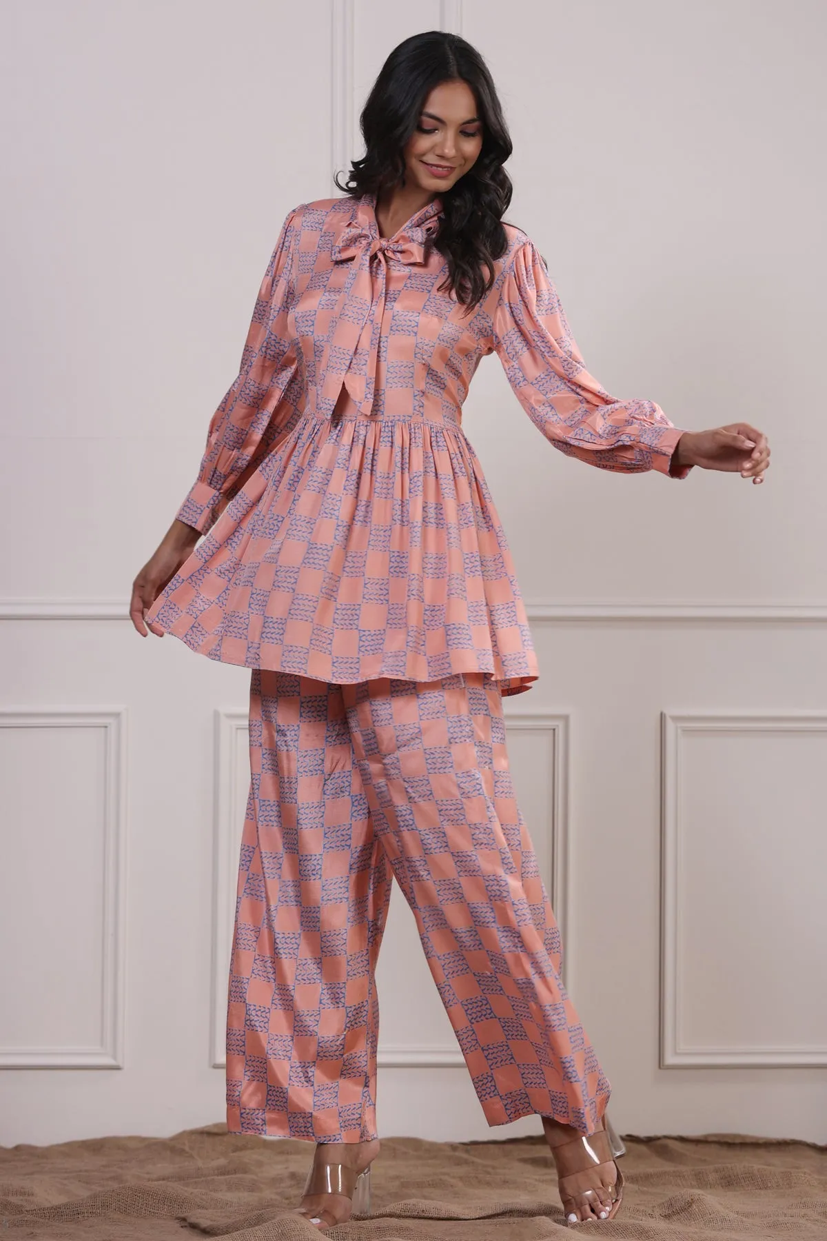 Checkered Pink Silk Co-ordinate Set