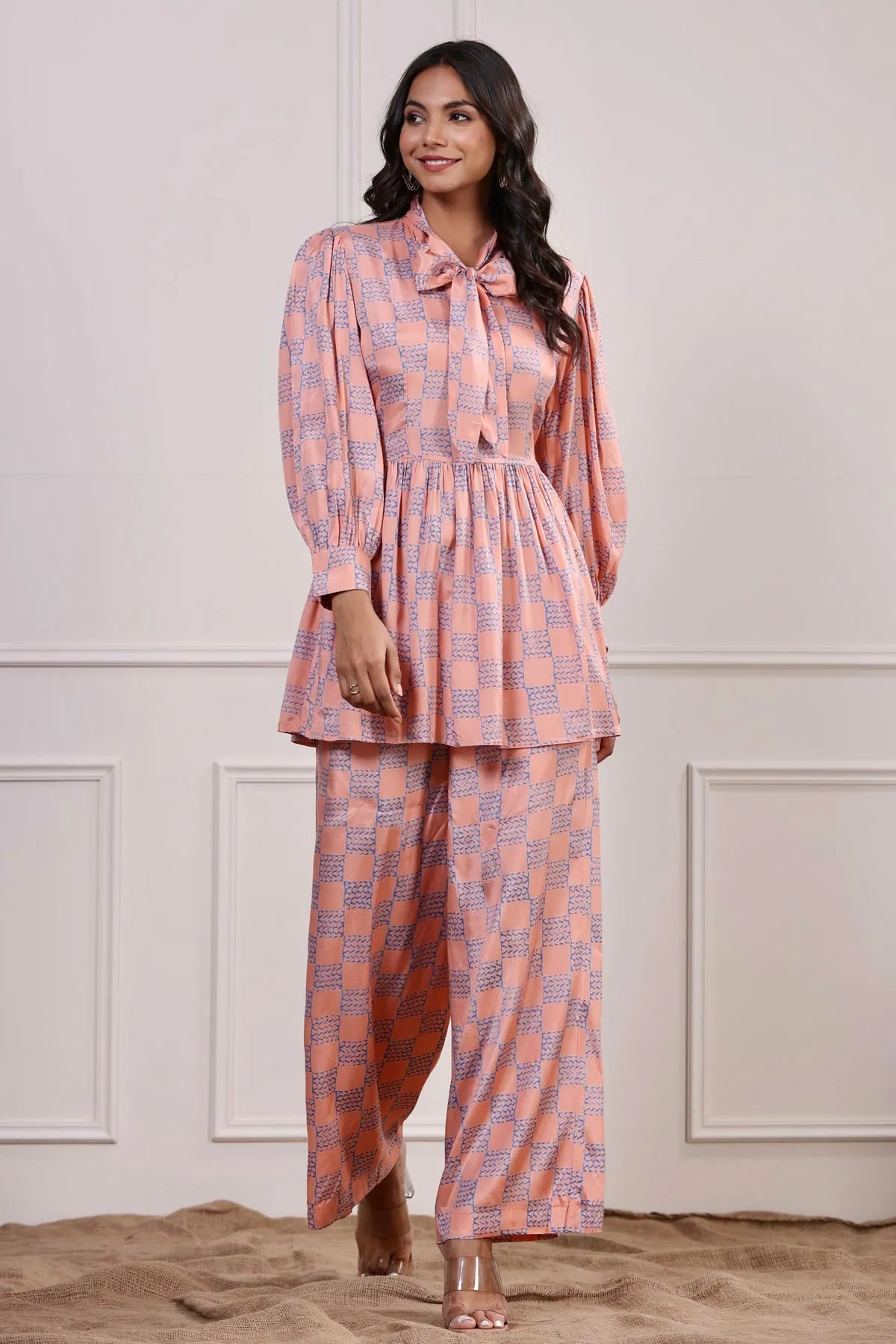 Checkered Pink Silk Co-ordinate Set