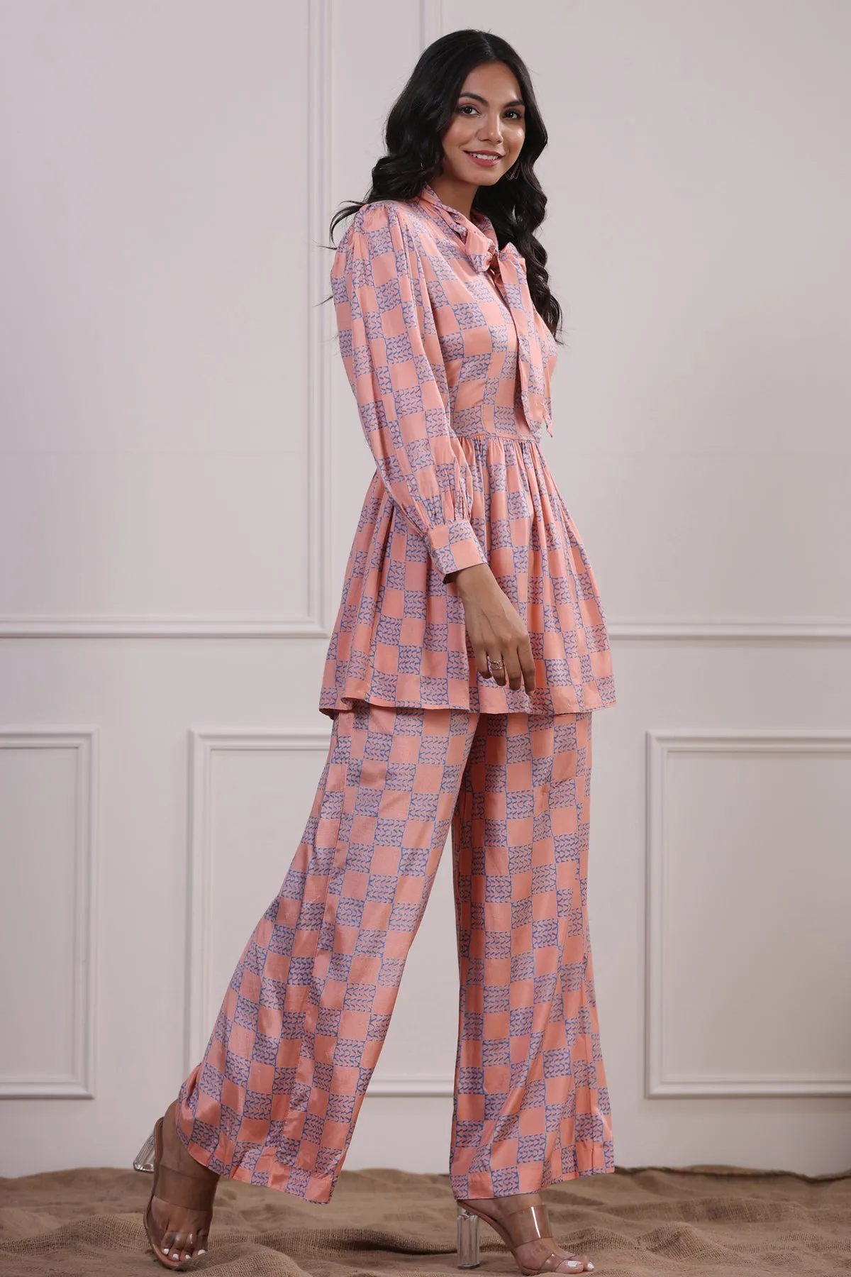 Checkered Pink Silk Co-ordinate Set