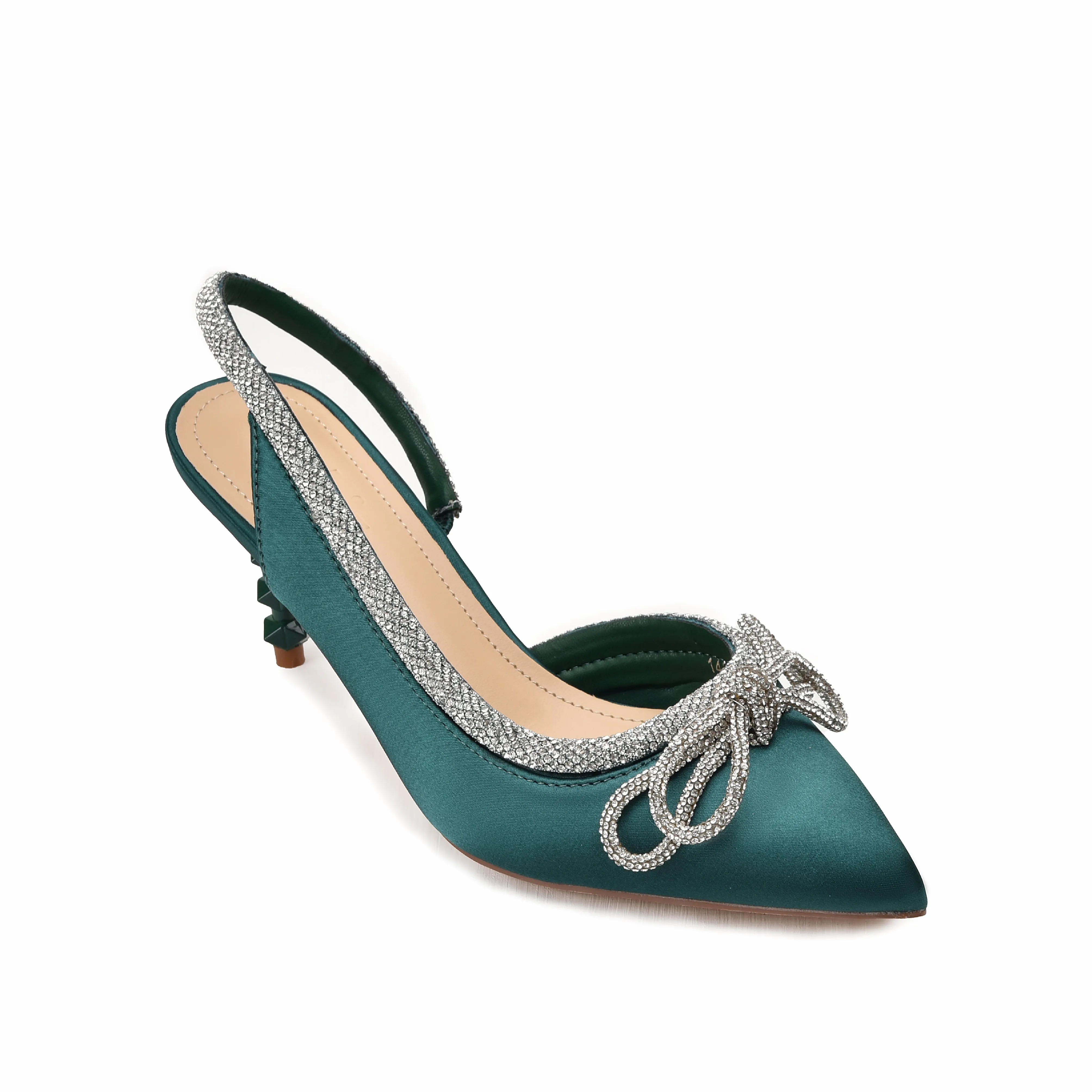 Chic Teal Satin Slingback Heels with Rhinestone Bow | 469L-K