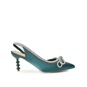 Chic Teal Satin Slingback Heels with Rhinestone Bow | 469L-K