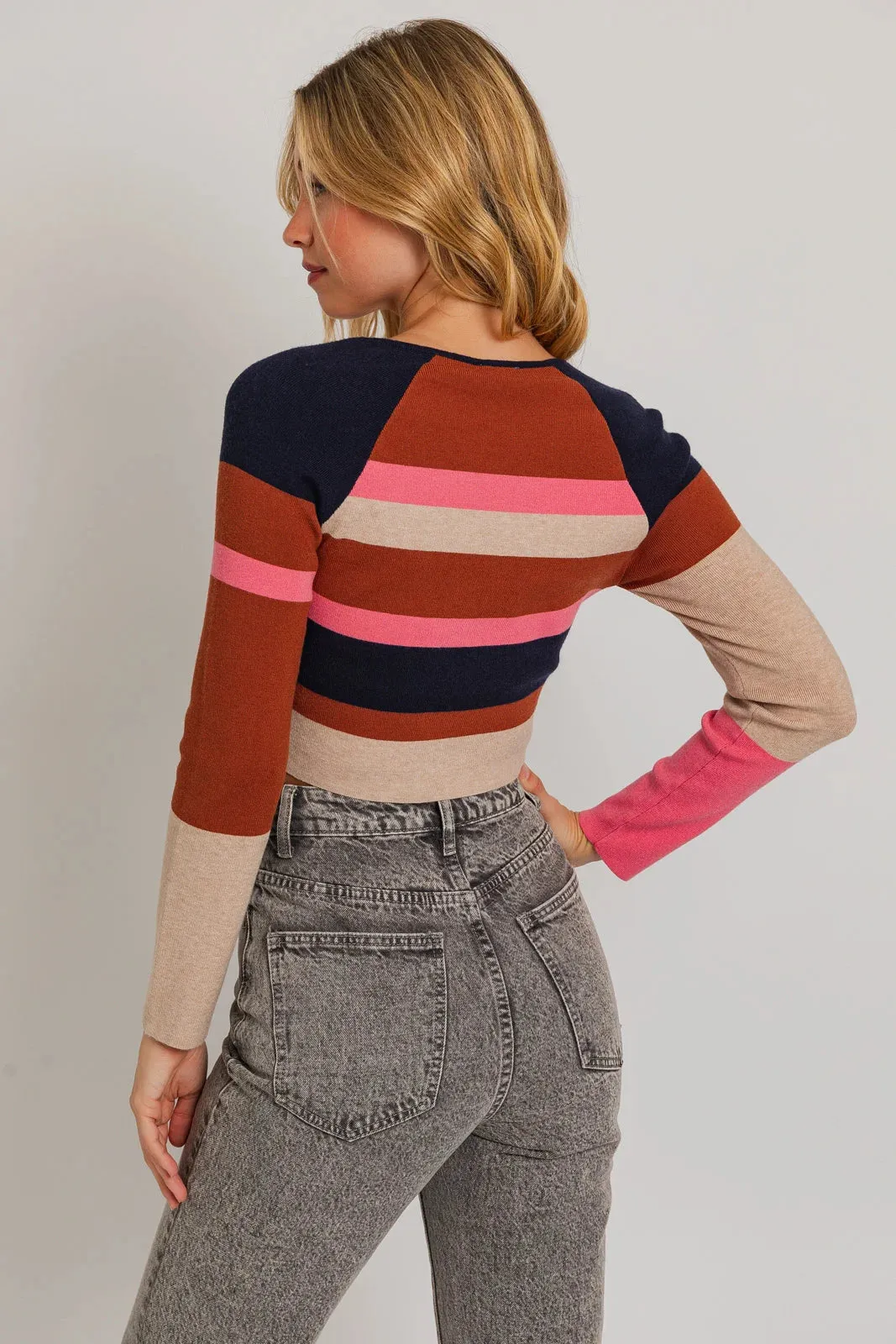 Color Block Long Sleeve Square Neckline Crop Sweater