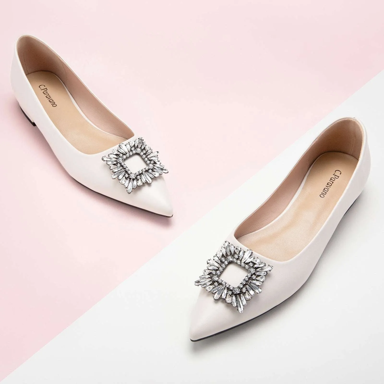 Crystal Buckle Flats (Aida)White