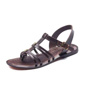 Dark Brown Leather Strappy Sandals Flat For Womens