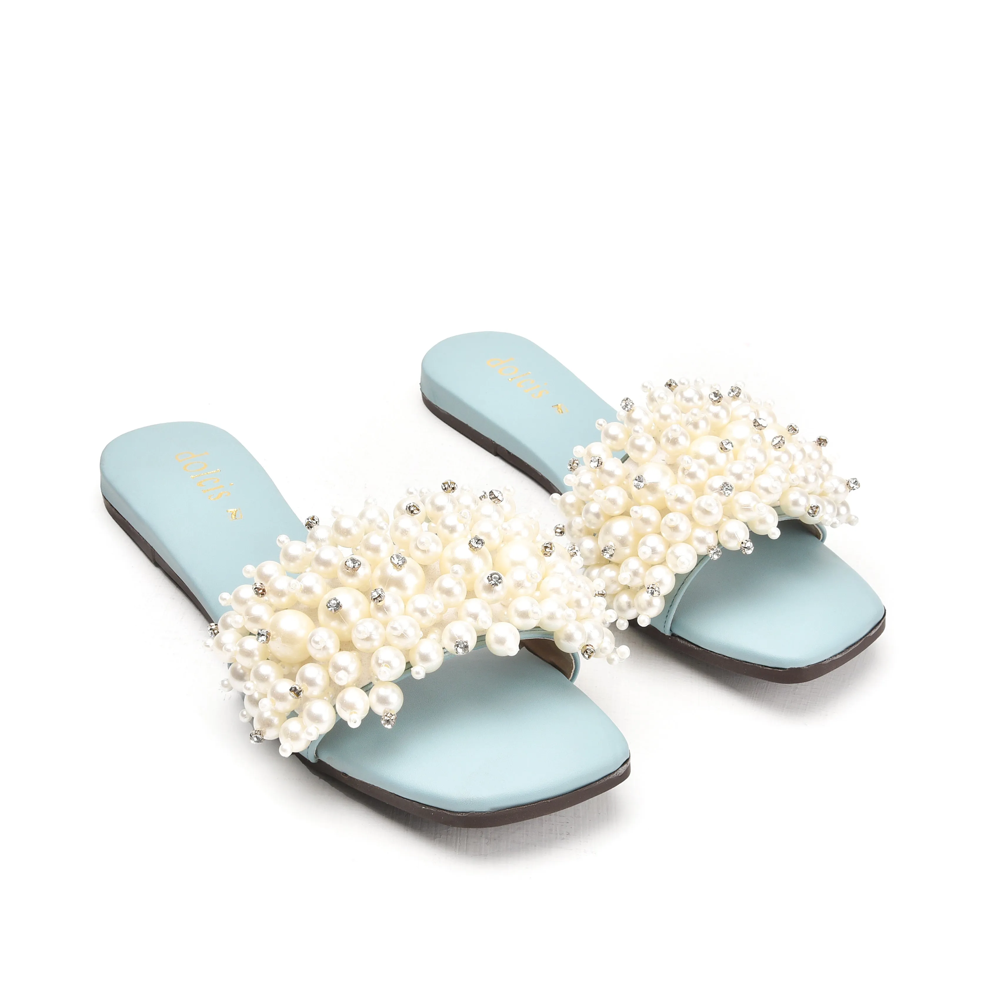 Elegant Blue Pearl-Embellished Flats | 531L-N