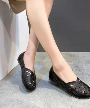 Elegant Hollow Out Flats Black Faux Leather