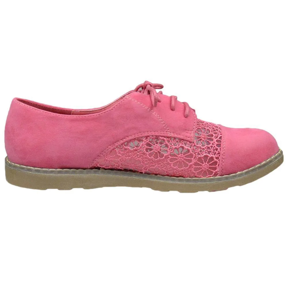 Embroidered Flower Lace Up Oxford Flats Pink Shoes For Women