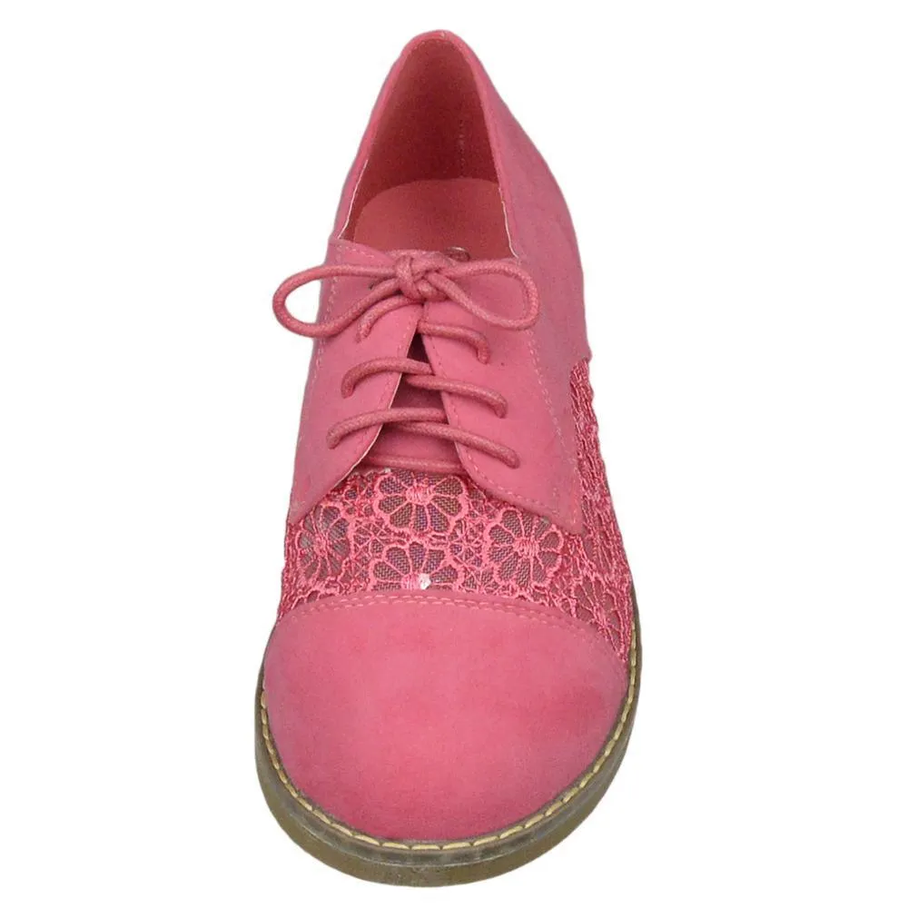 Embroidered Flower Lace Up Oxford Flats Pink Shoes For Women