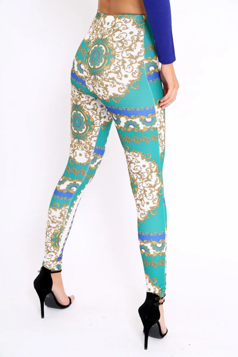 Green Scarf Print Leggings - Lilyan