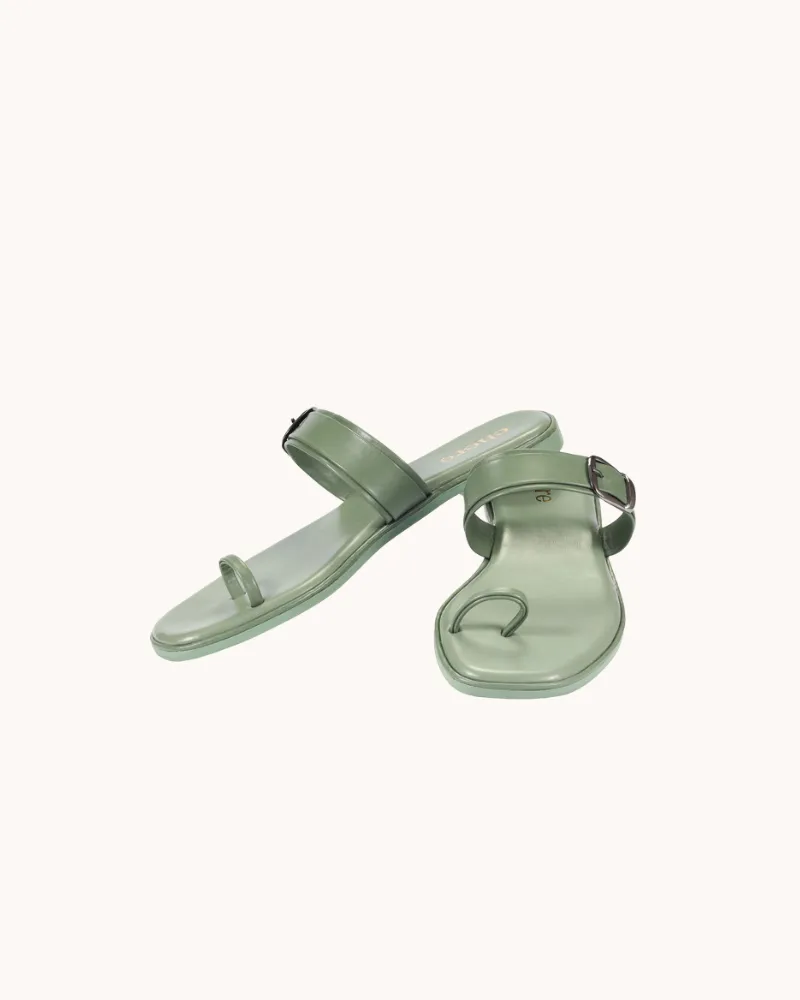 Green Unique Buckle Strap Flats for Women