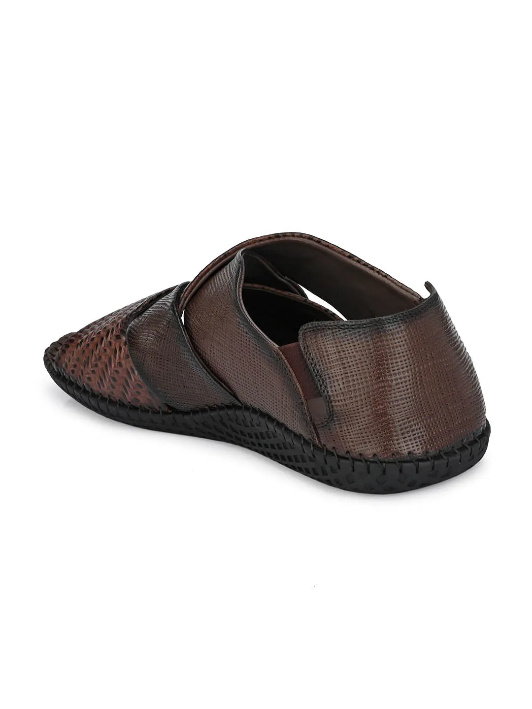 Hitz Men's Brown Leather Slip-On Open Toe Casual Sandals