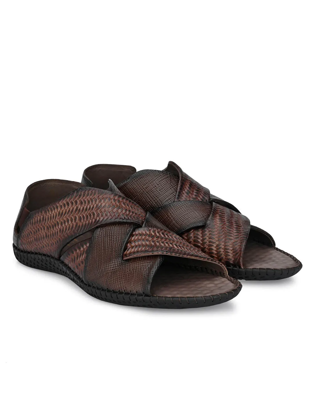 Hitz Men's Brown Leather Slip-On Open Toe Casual Sandals