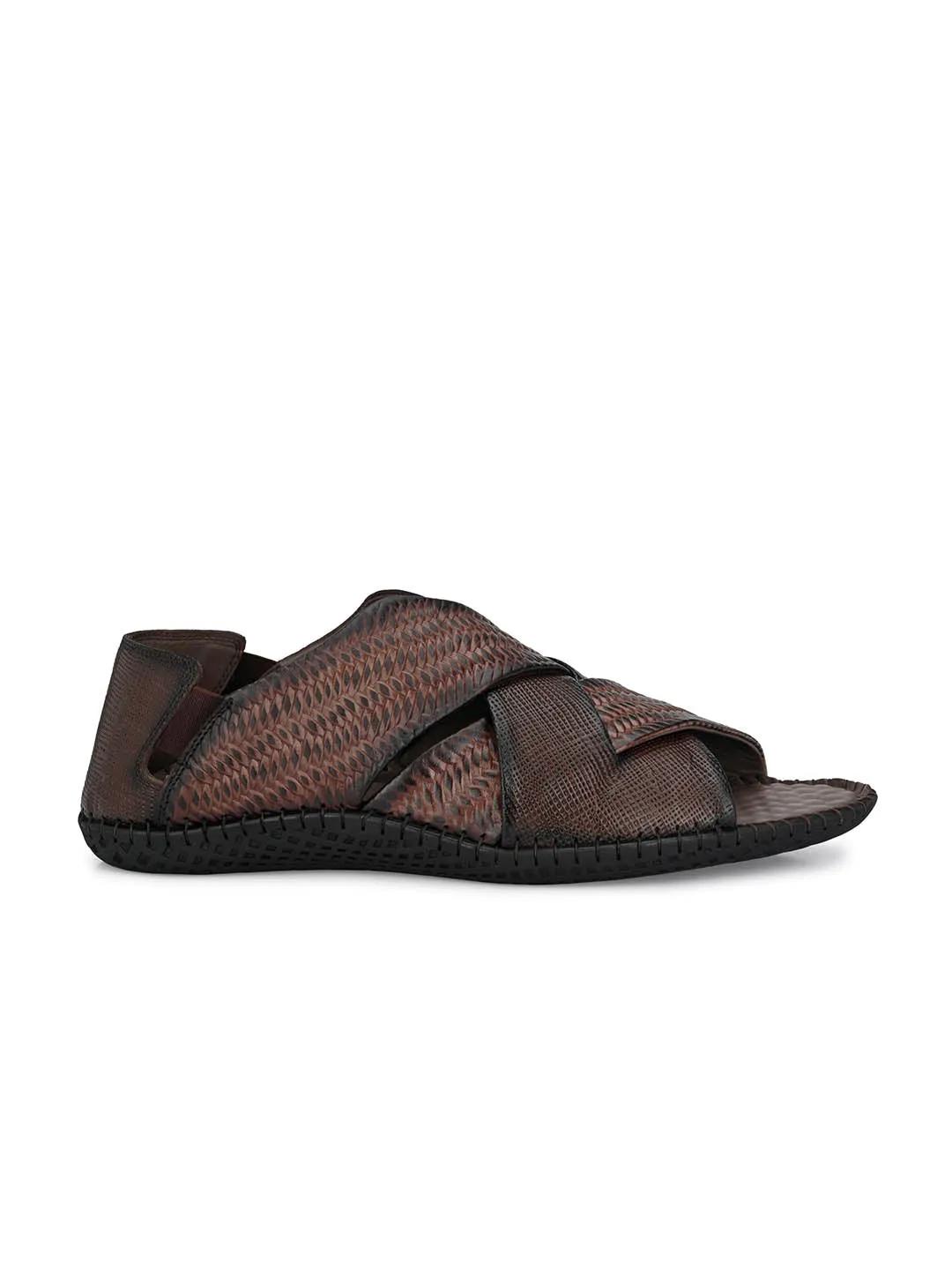 Hitz Men's Brown Leather Slip-On Open Toe Casual Sandals