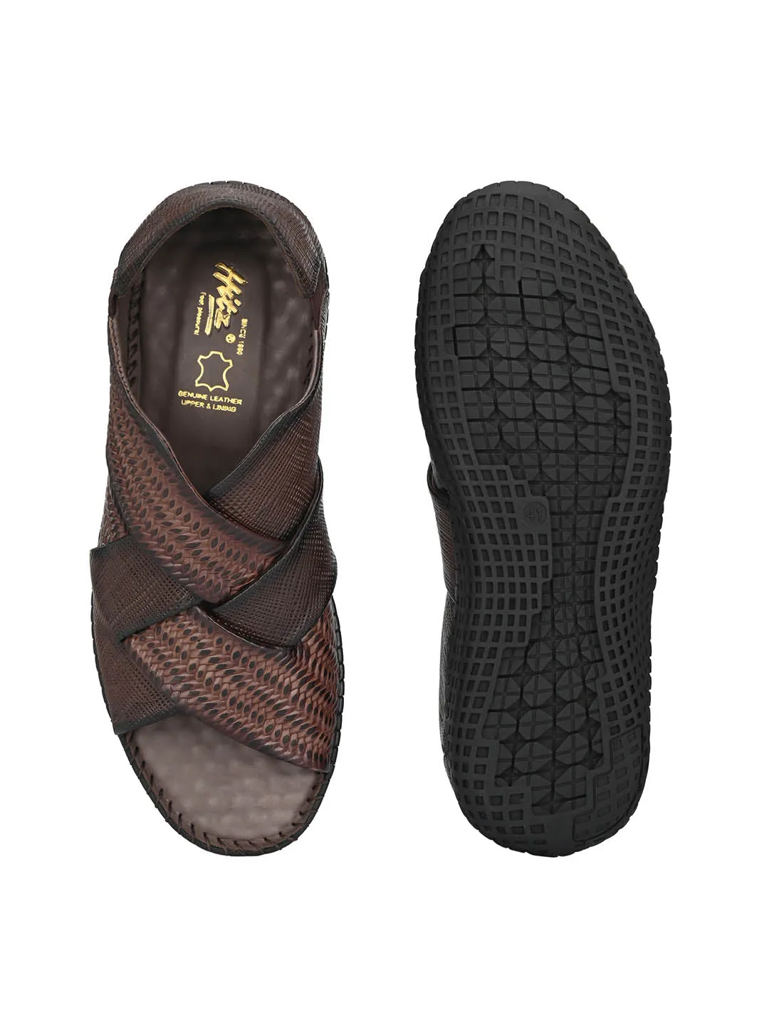 Hitz Men's Brown Leather Slip-On Open Toe Casual Sandals