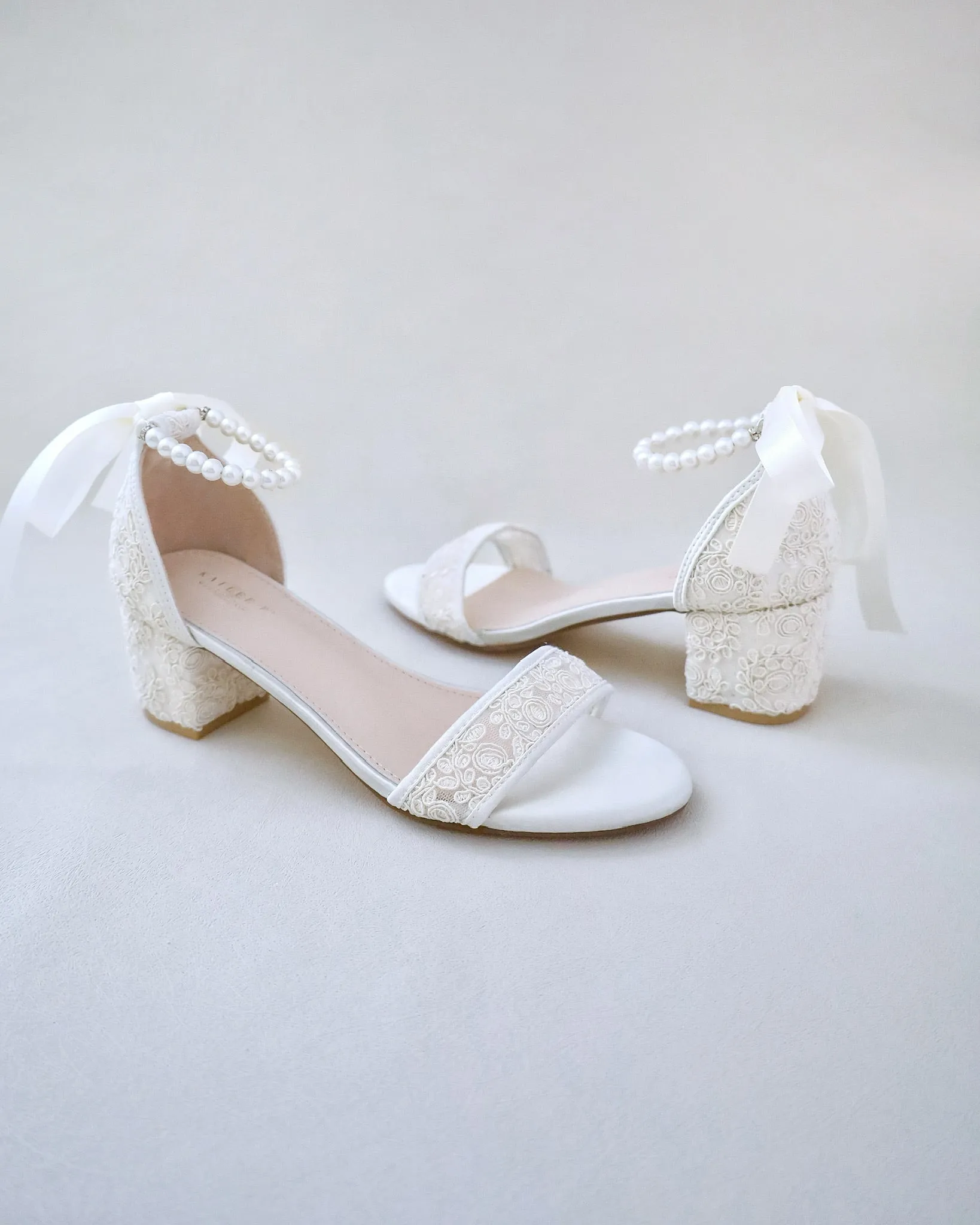 JOSKAA 2024 New Fashion High Heel Crochet Lace Block Heel Wedding Sandals with Pearl Ankle Strap