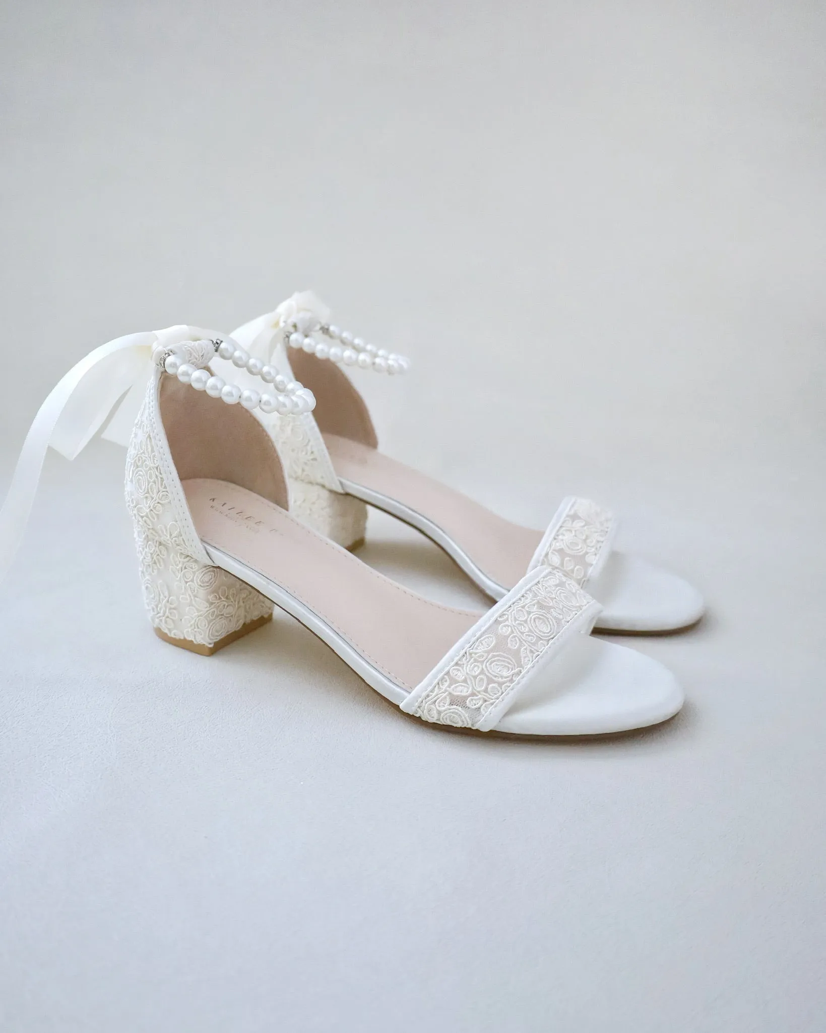 JOSKAA 2024 New Fashion High Heel Crochet Lace Block Heel Wedding Sandals with Pearl Ankle Strap