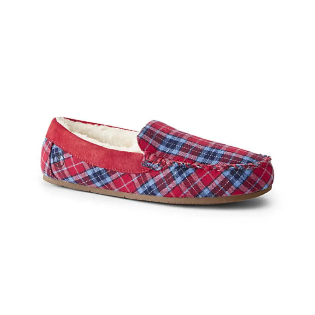 Lands' End Women's Plaid Moccasin Slipper Rich Red Plaid