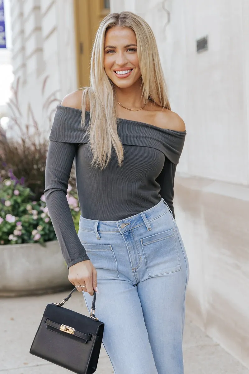 Layla Ribbed Off The Shoulder Top - Charcoal - DOORBUSTER