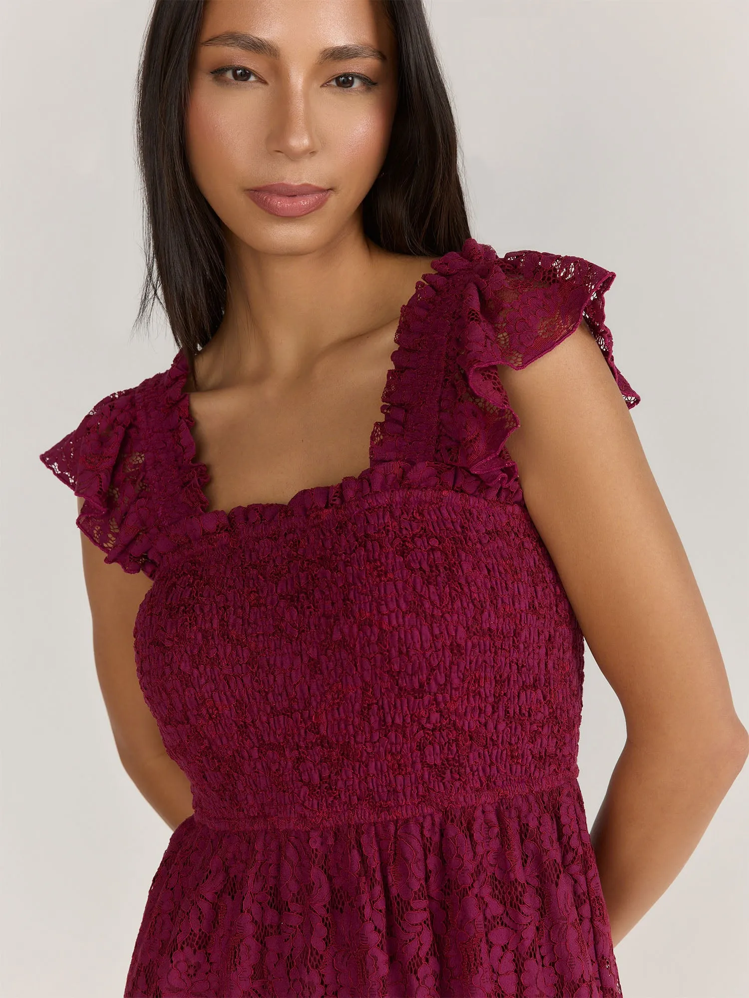 Lena Flutter Sleeve Smocked Lace Midi Dress - Brands We Love