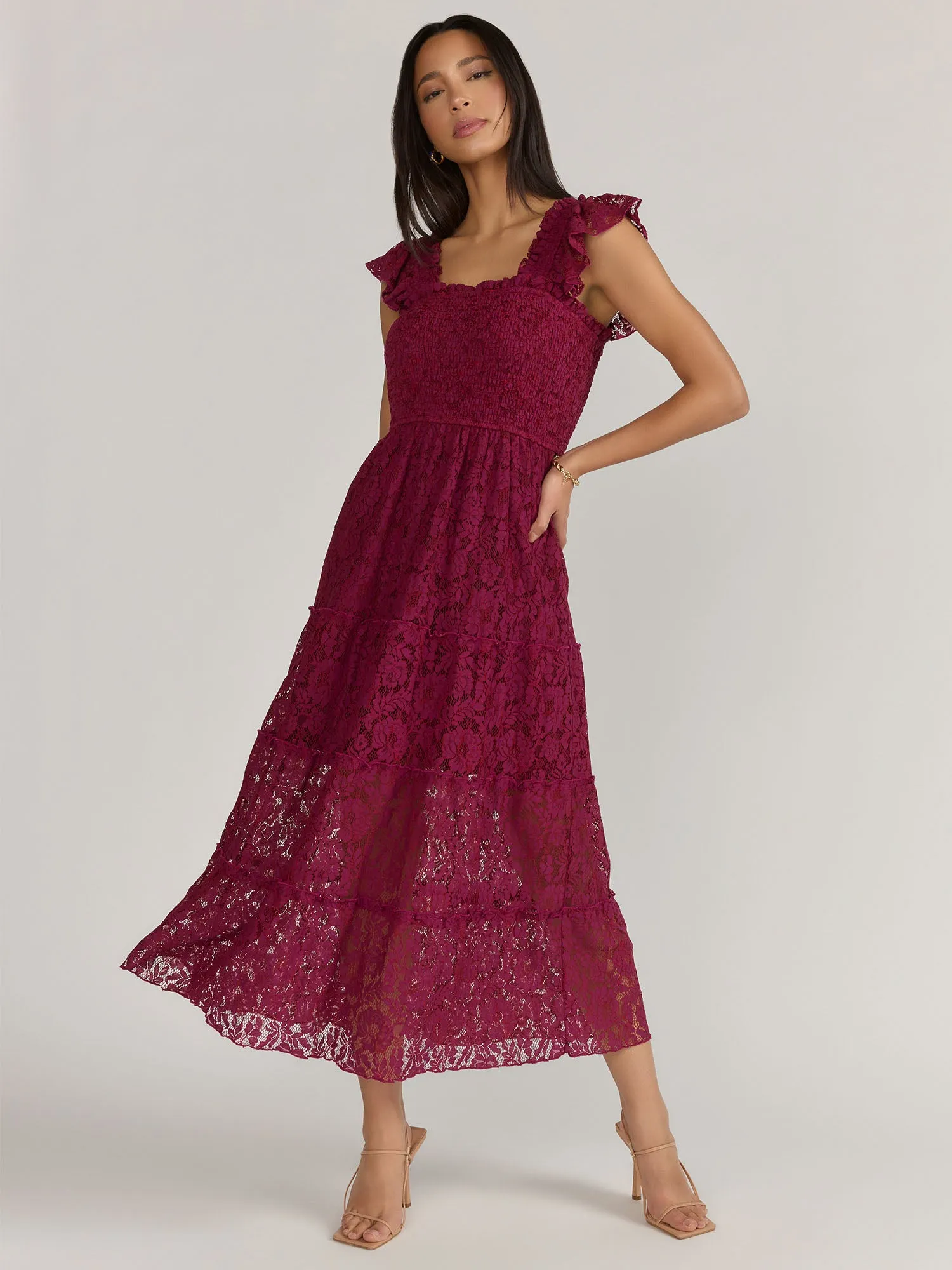 Lena Flutter Sleeve Smocked Lace Midi Dress - Brands We Love