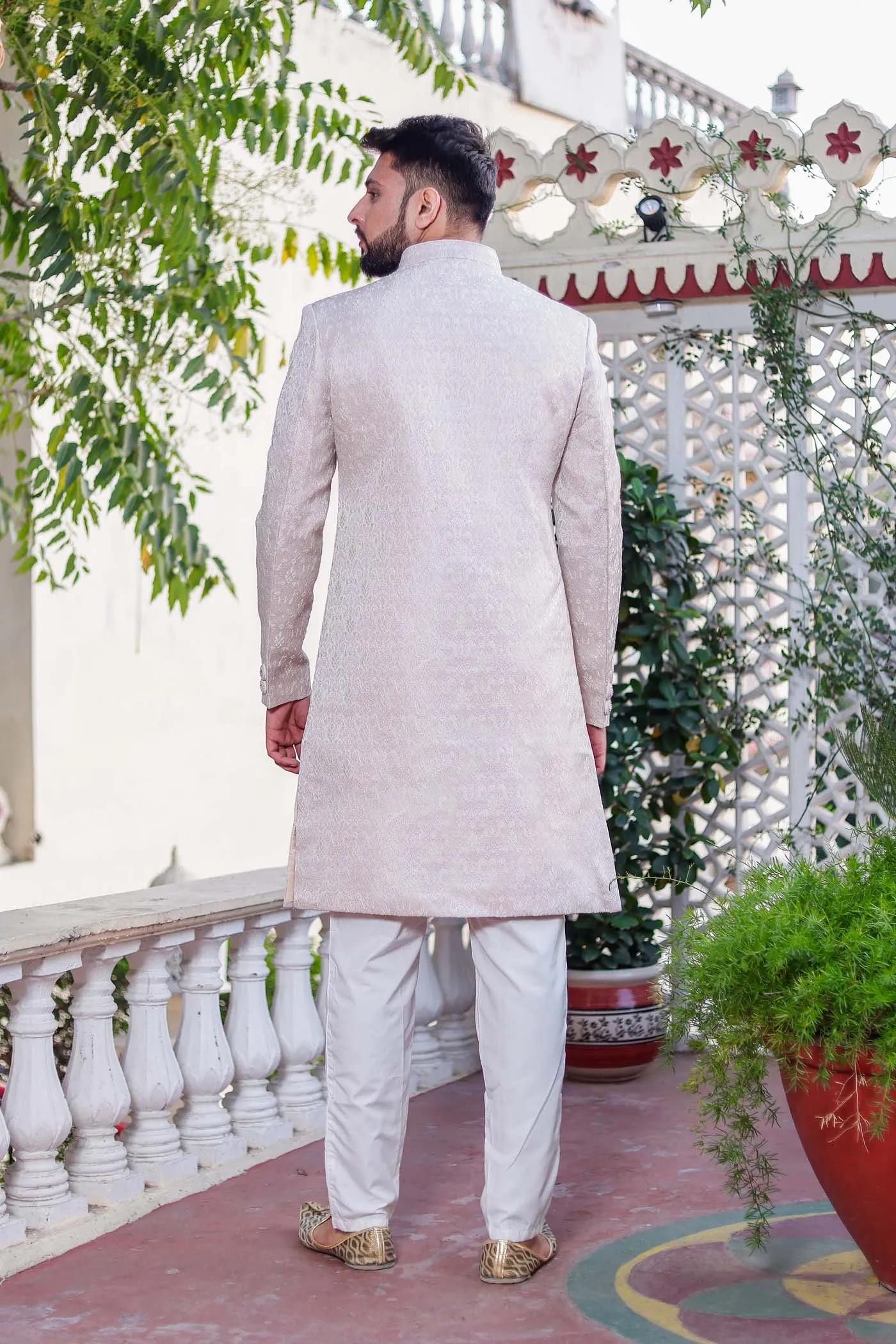 Light Pink Brocade Silk Indo-Western Suit with Zardosi Work.