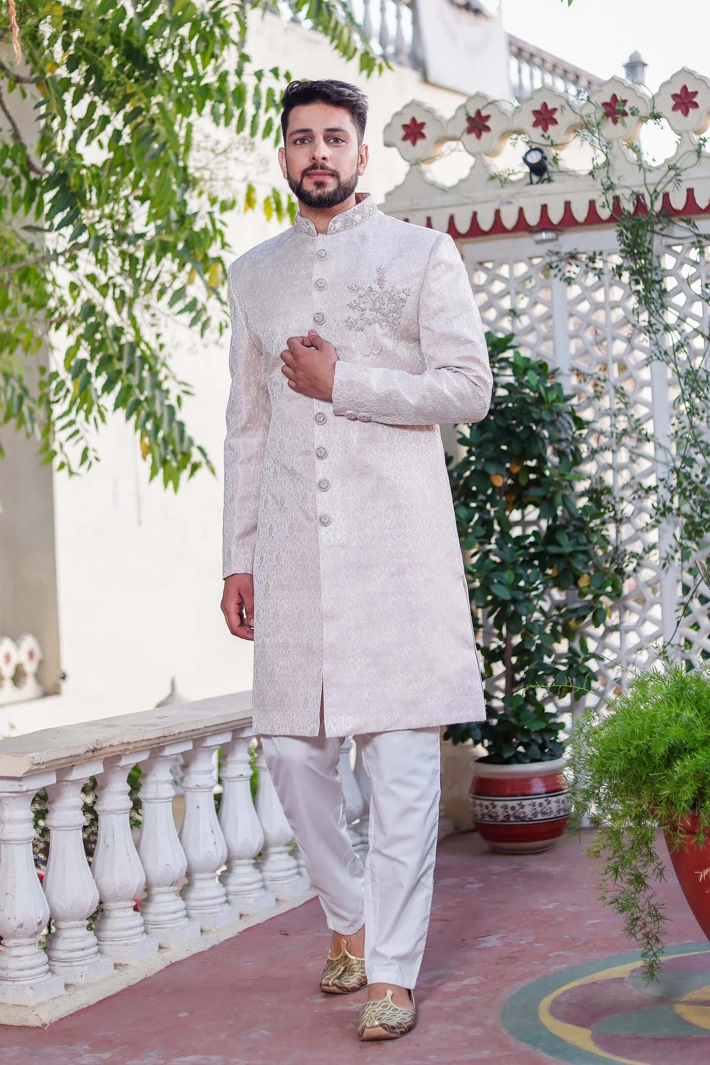 Light Pink Brocade Silk Indo-Western Suit with Zardosi Work.