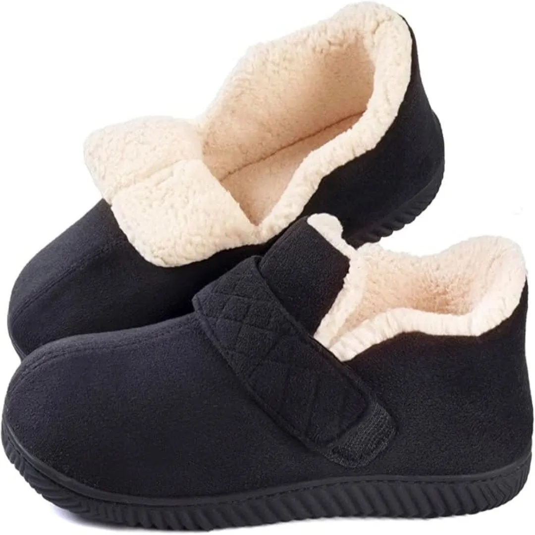 Men Cozy Adjustable House Slipper with Memory Foam, Indoor Outdoor Toasty Fleece Shoes- Black