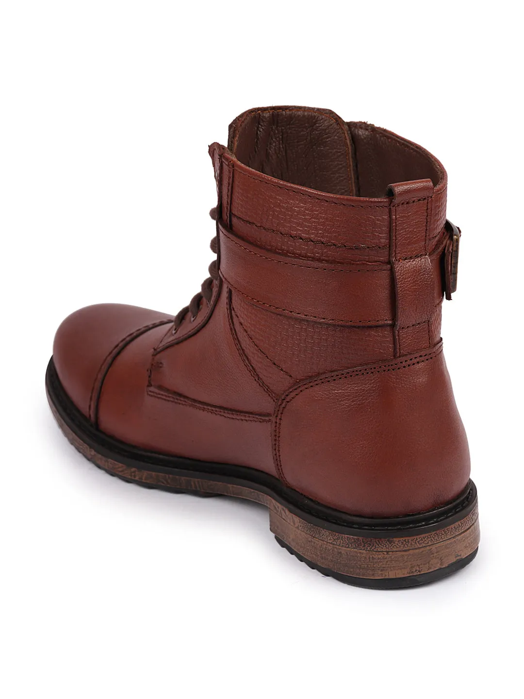 Men Tan High Top Genuine Leather 7-Eye Lace Up Buckle Strap Work Cap Toe Winter Flat Boots