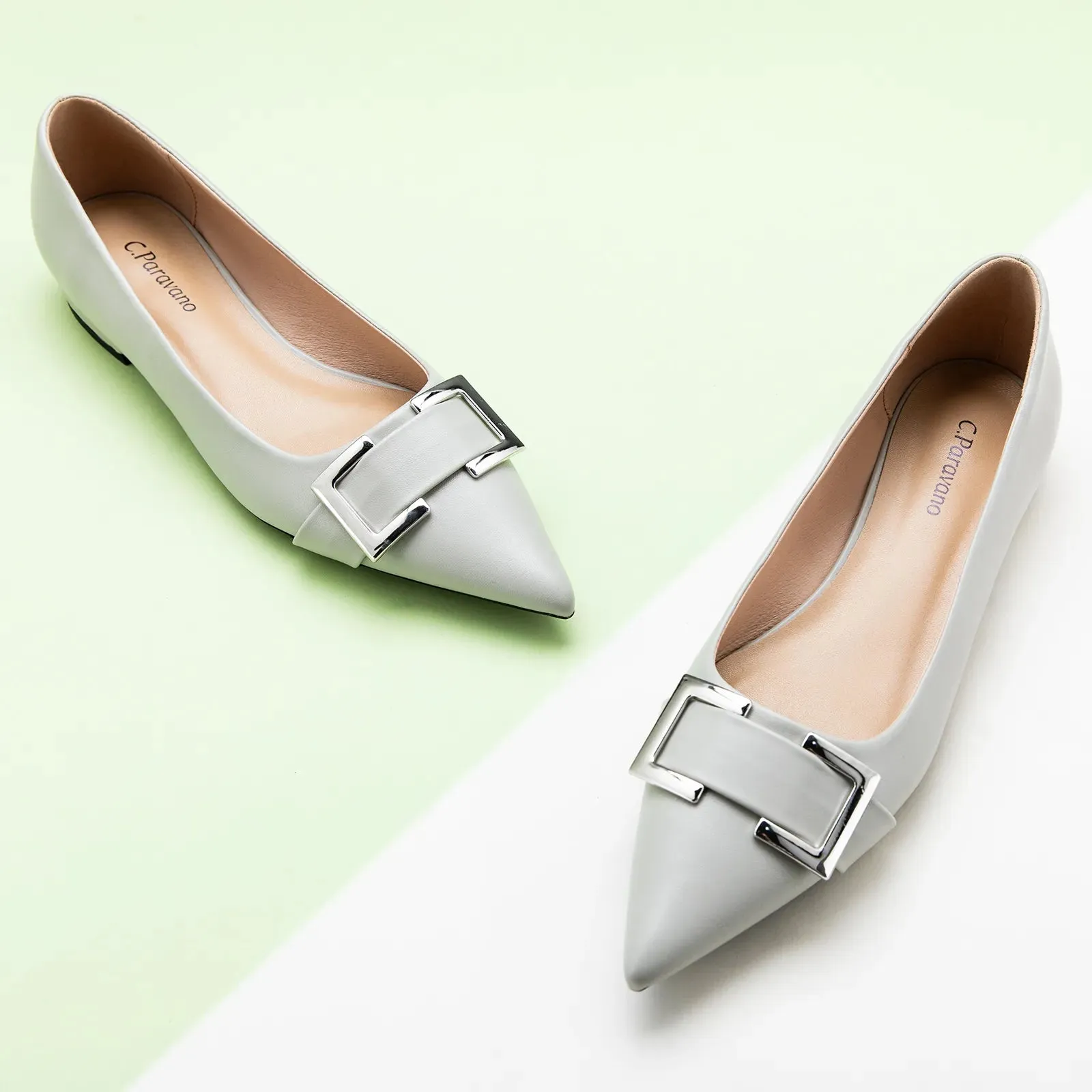 Metal Buckle Pointed Toe Flats (Aida)