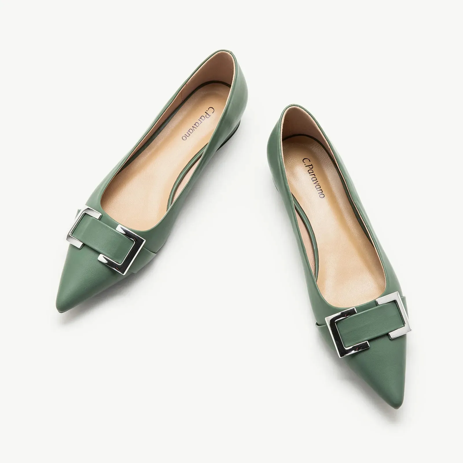 Metal Buckle Pointed Toe Flats (Aida)