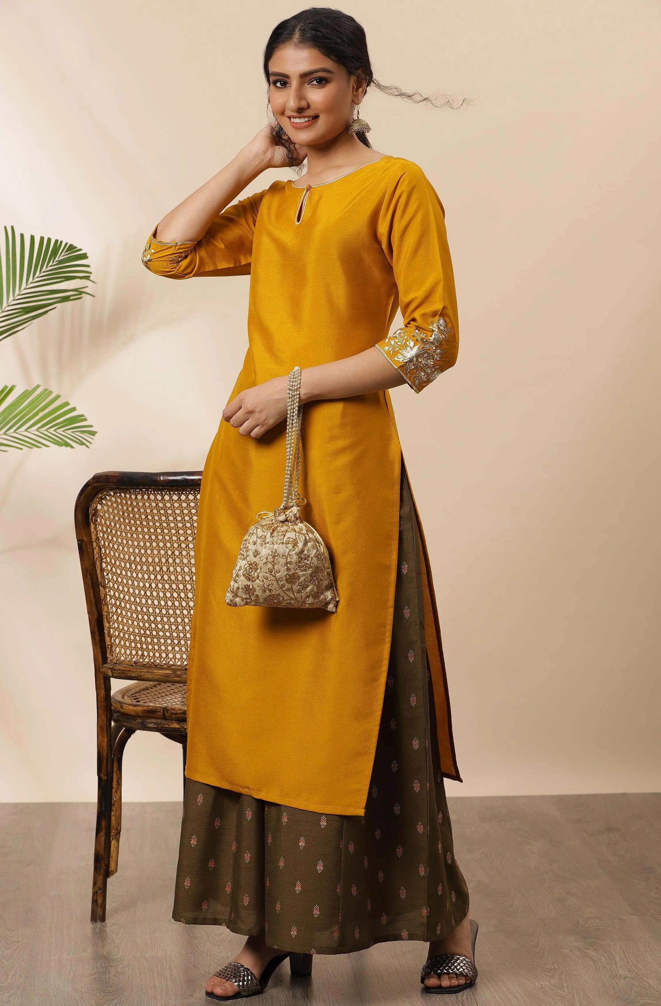 Mustard Poly Silk Embroidered Straight Kurta