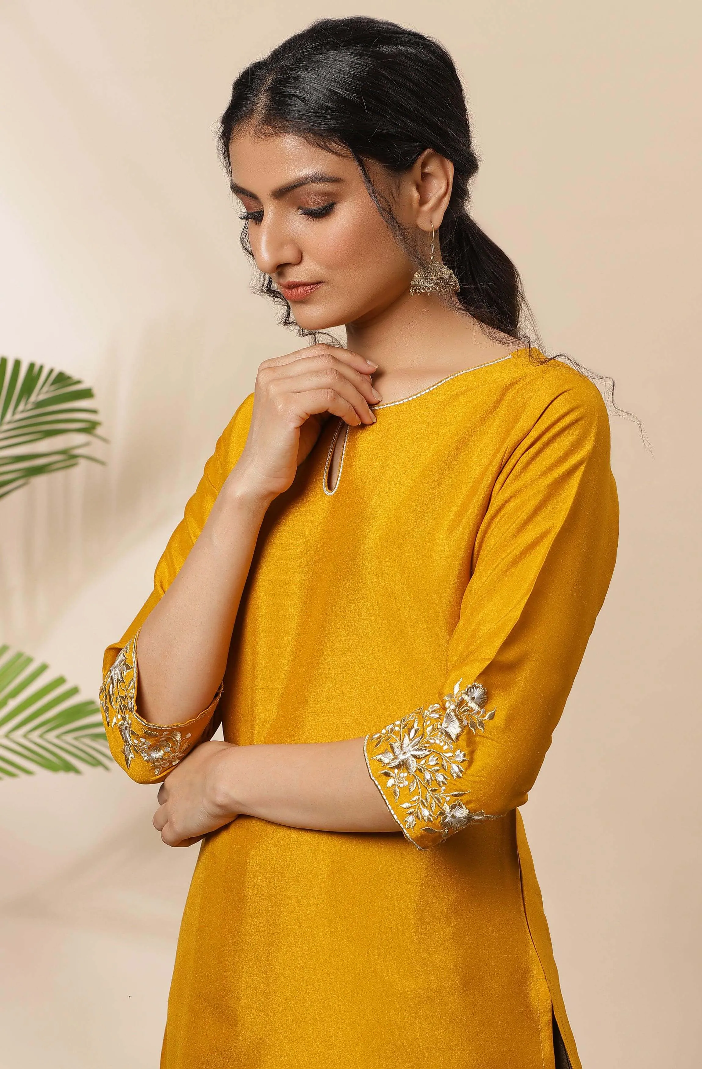 Mustard Poly Silk Embroidered Straight Kurta