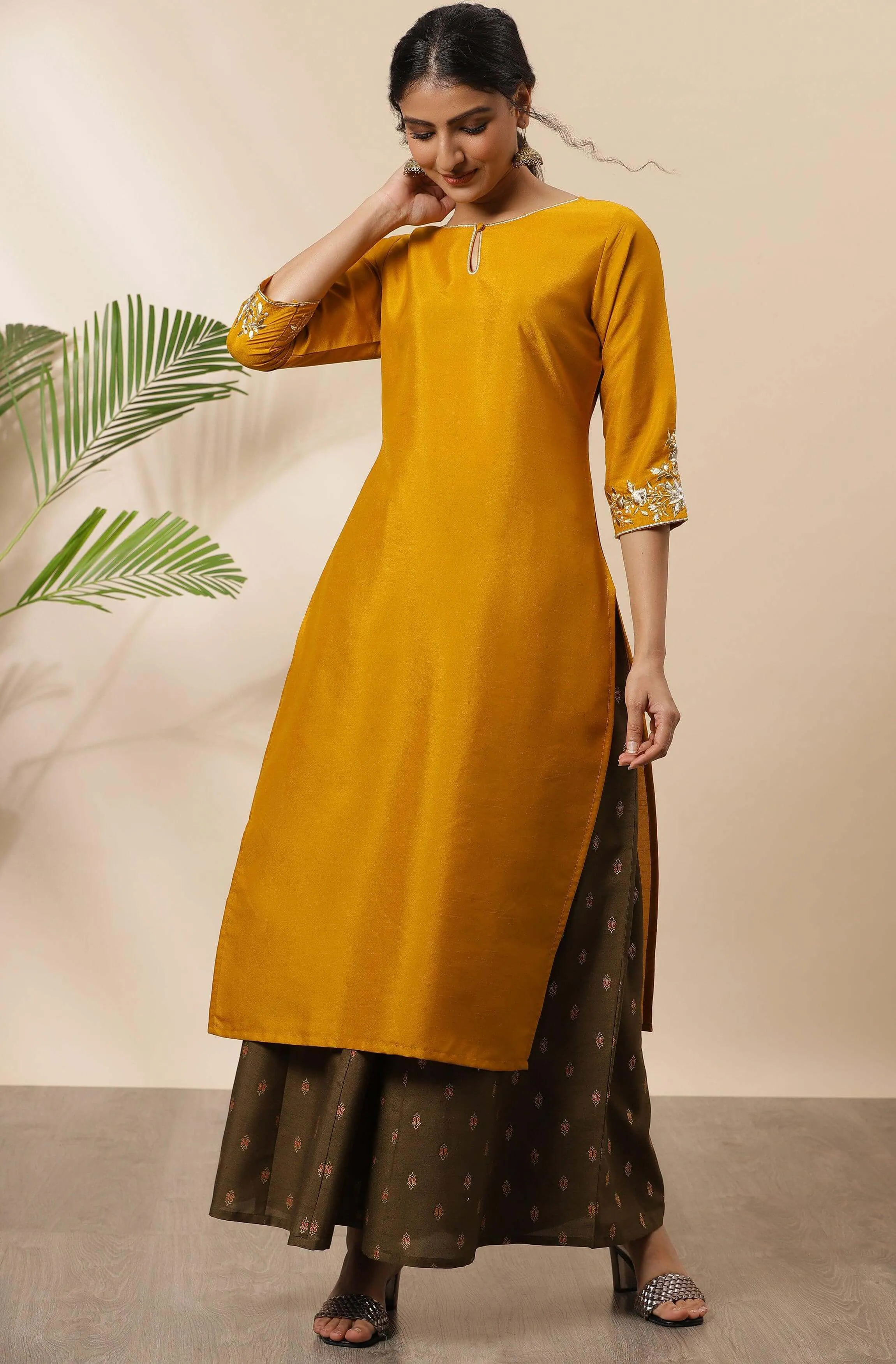 Mustard Poly Silk Embroidered Straight Kurta