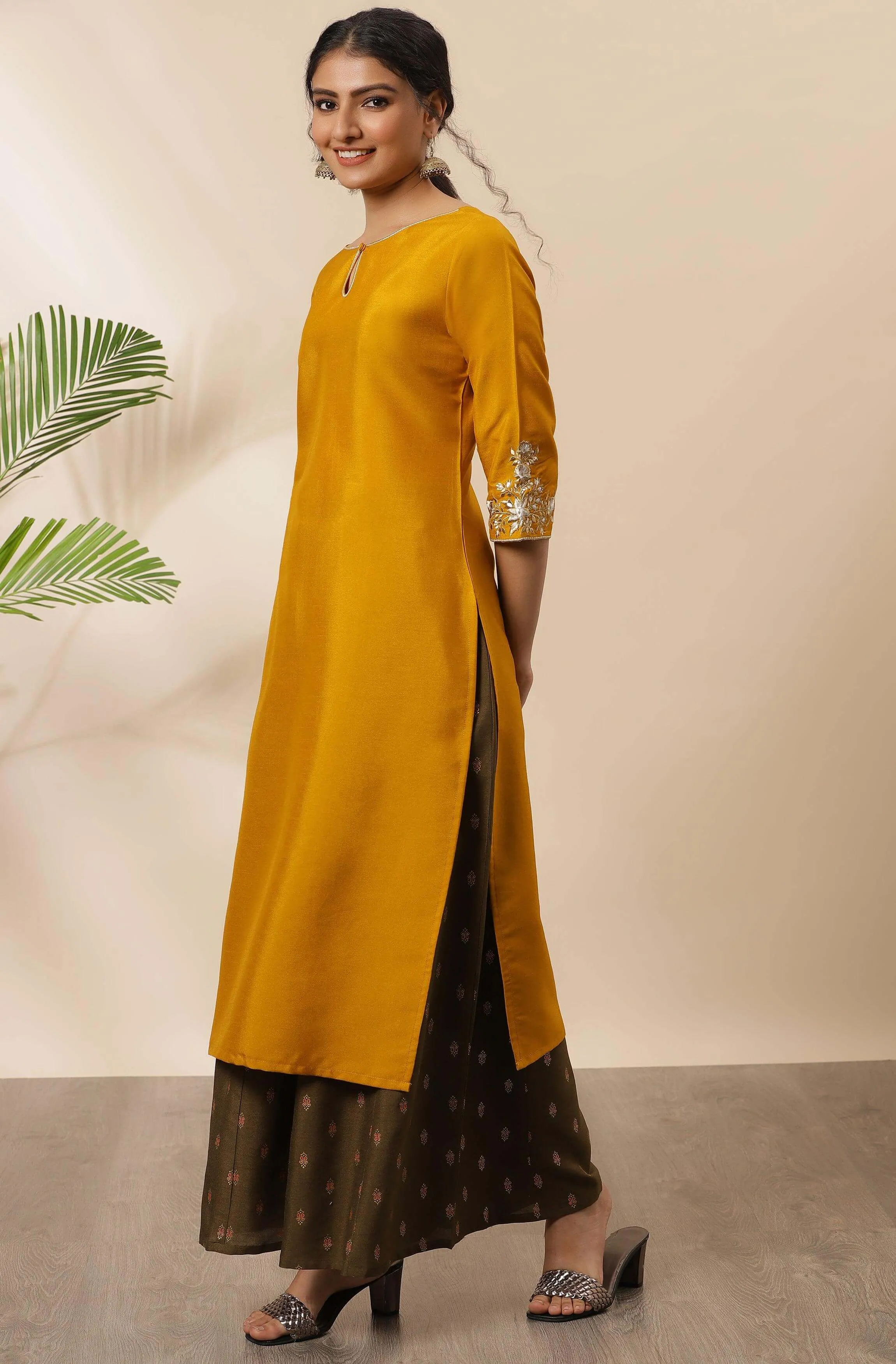 Mustard Poly Silk Embroidered Straight Kurta