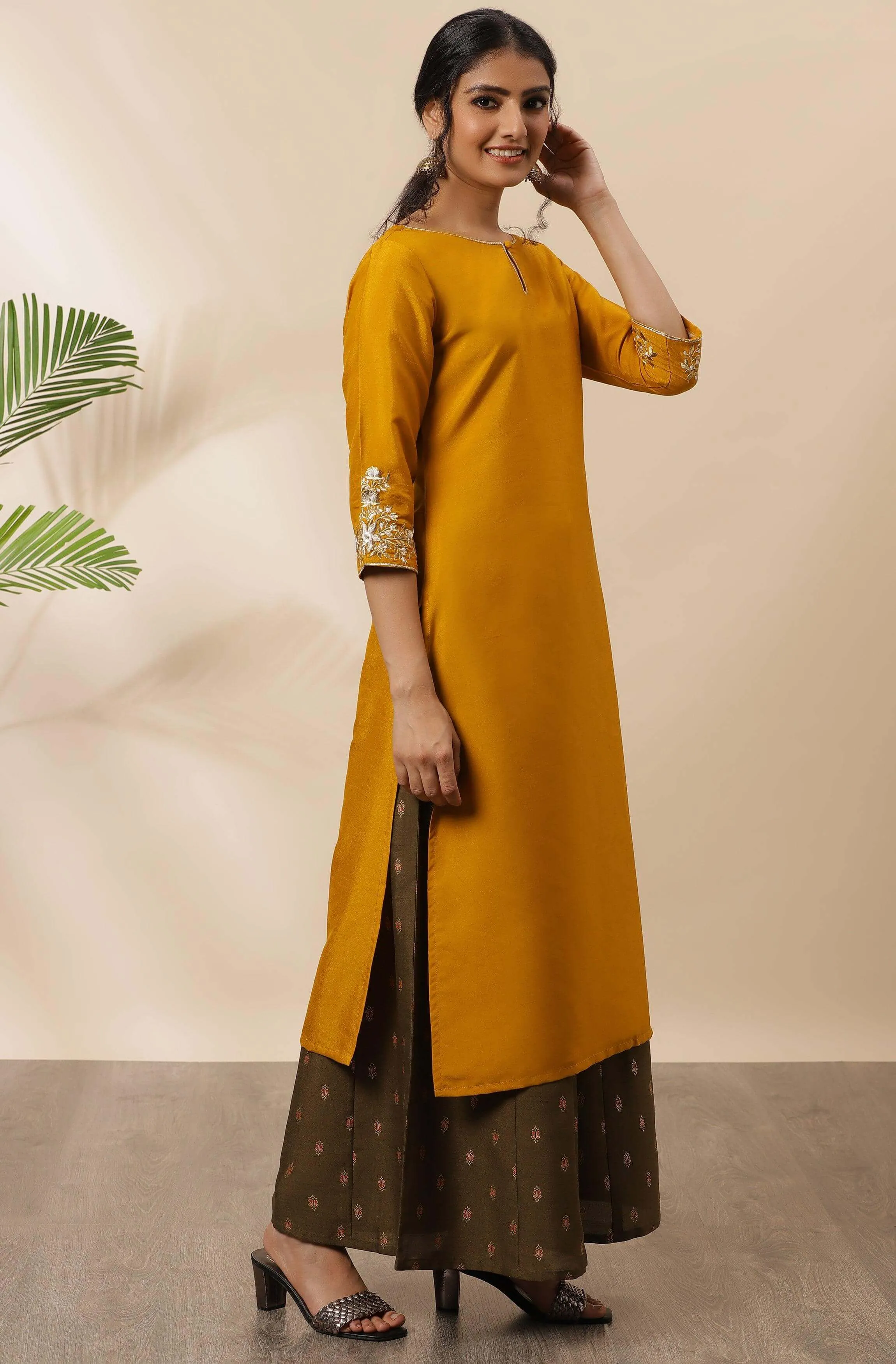 Mustard Poly Silk Embroidered Straight Kurta