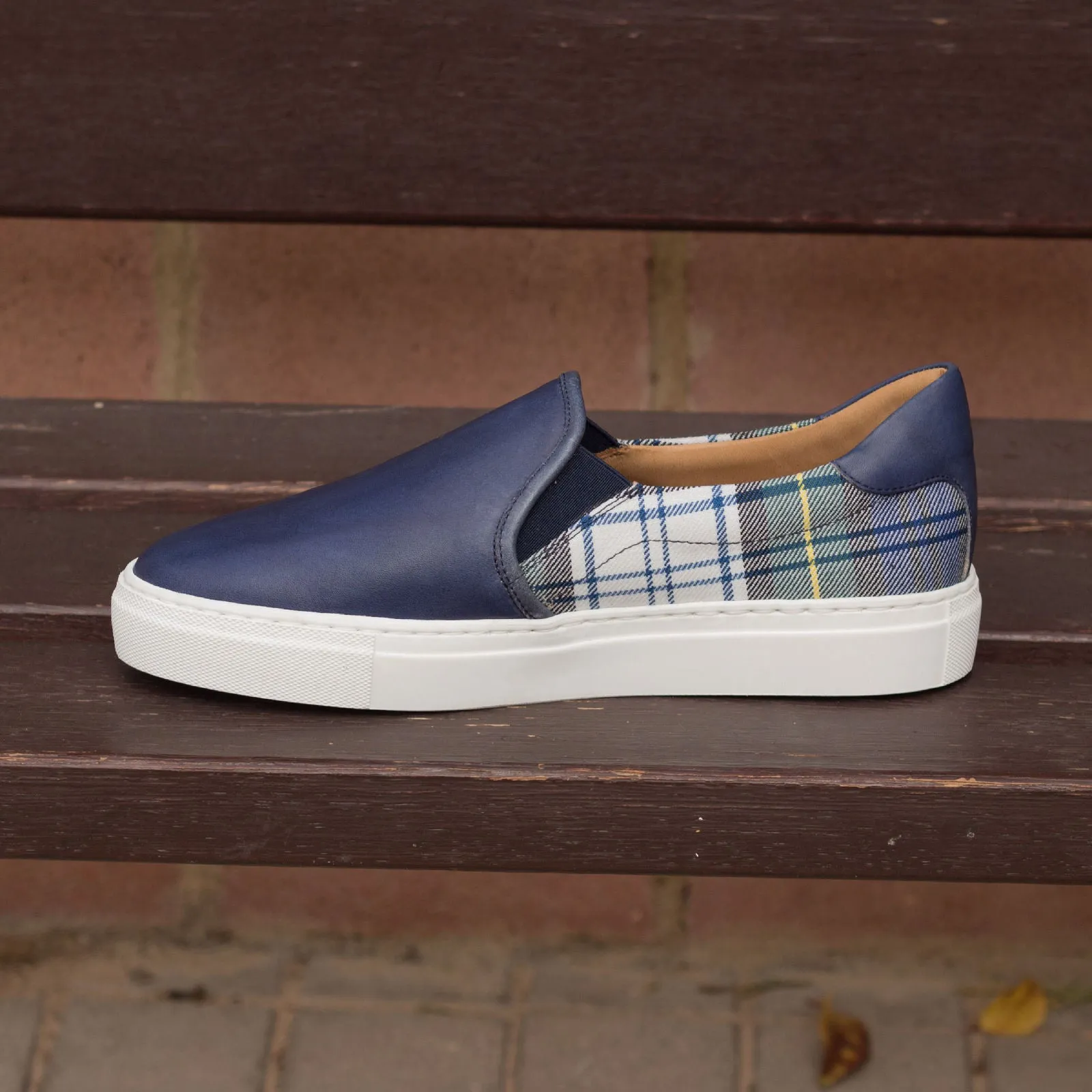 Navy Calf & Tartan Fabric Slip-on Sneakers