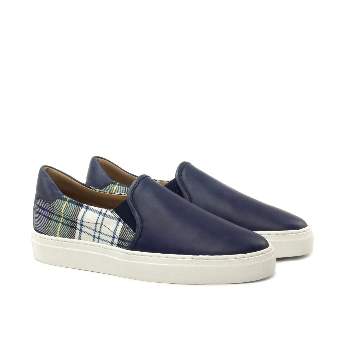 Navy Calf & Tartan Fabric Slip-on Sneakers