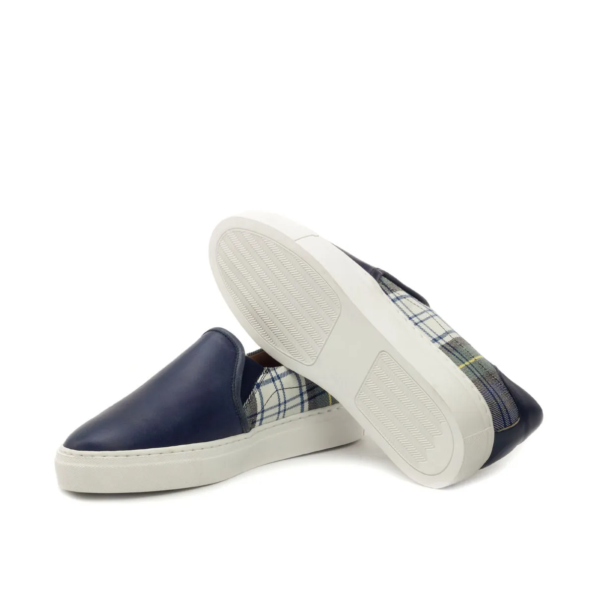 Navy Calf & Tartan Fabric Slip-on Sneakers