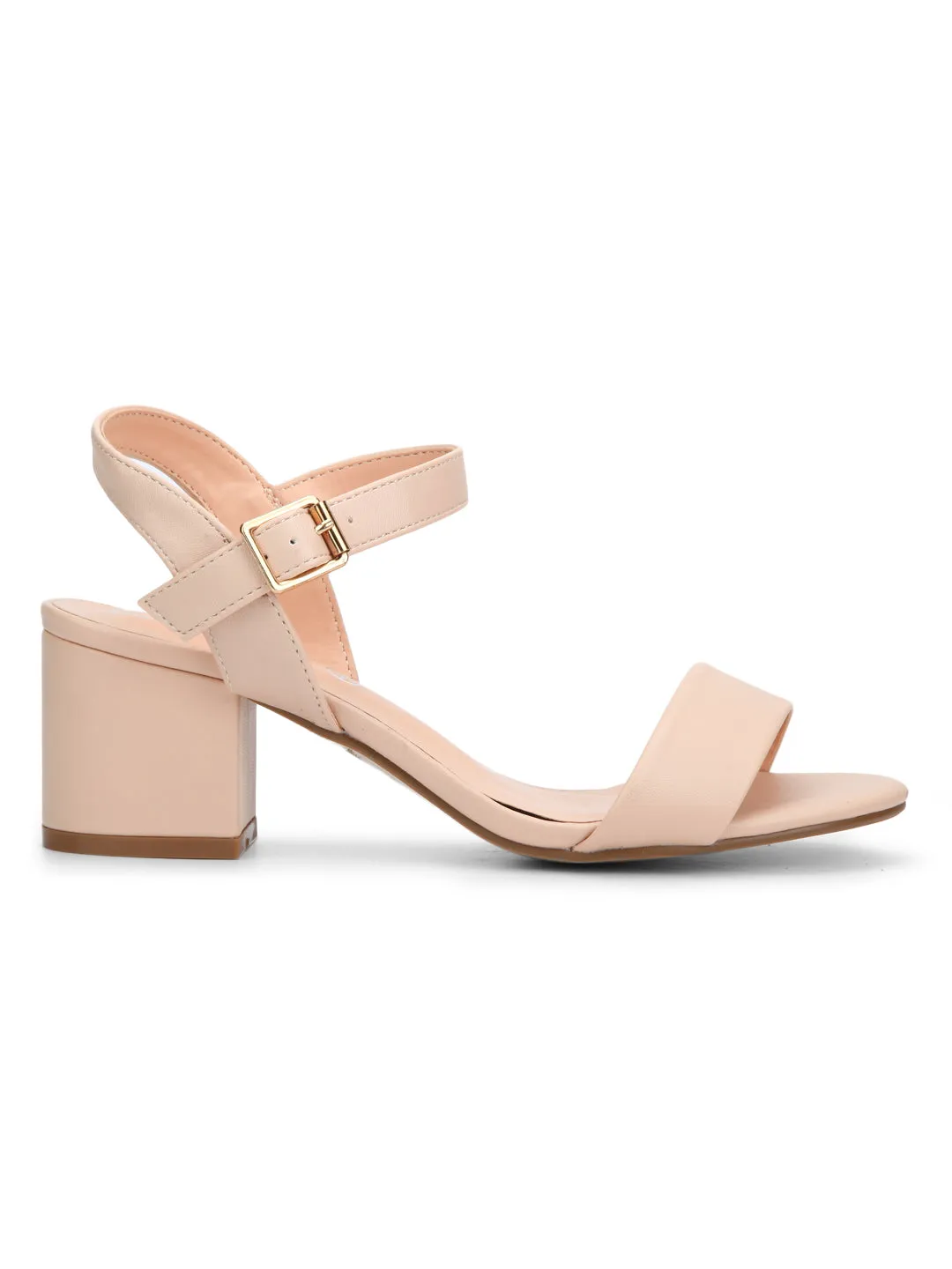 Nude PU Ankle Strap Low Block Heels