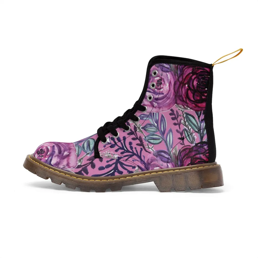 Pink Rose Floral Women's Boots, Purple Chic Flower Print Hiking Combat Laced-up Winter Boots For Ladies