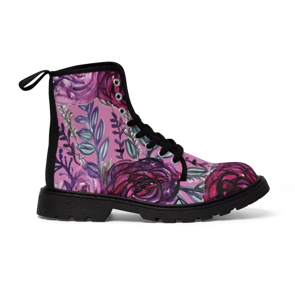 Pink Rose Floral Women's Boots, Purple Chic Flower Print Hiking Combat Laced-up Winter Boots For Ladies