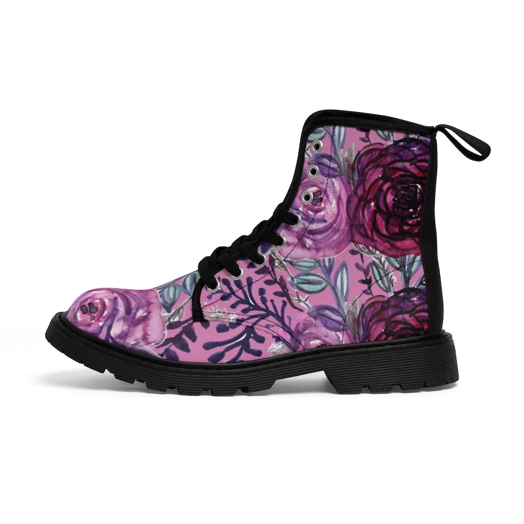 Pink Rose Floral Women's Boots, Purple Chic Flower Print Hiking Combat Laced-up Winter Boots For Ladies